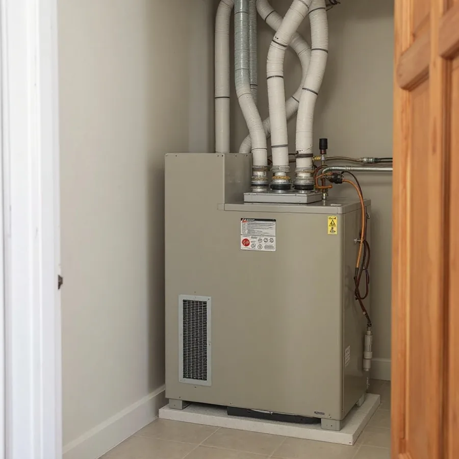 Indoor air handler cabinet in a utility closet with insulated flexible ducts entering the top and a filter access panel in the side