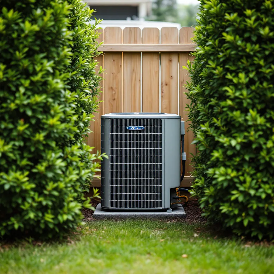 Residential outdoor condenser unit boxed in closely by tall shrubs on both sides and a wooden fence directly behind it