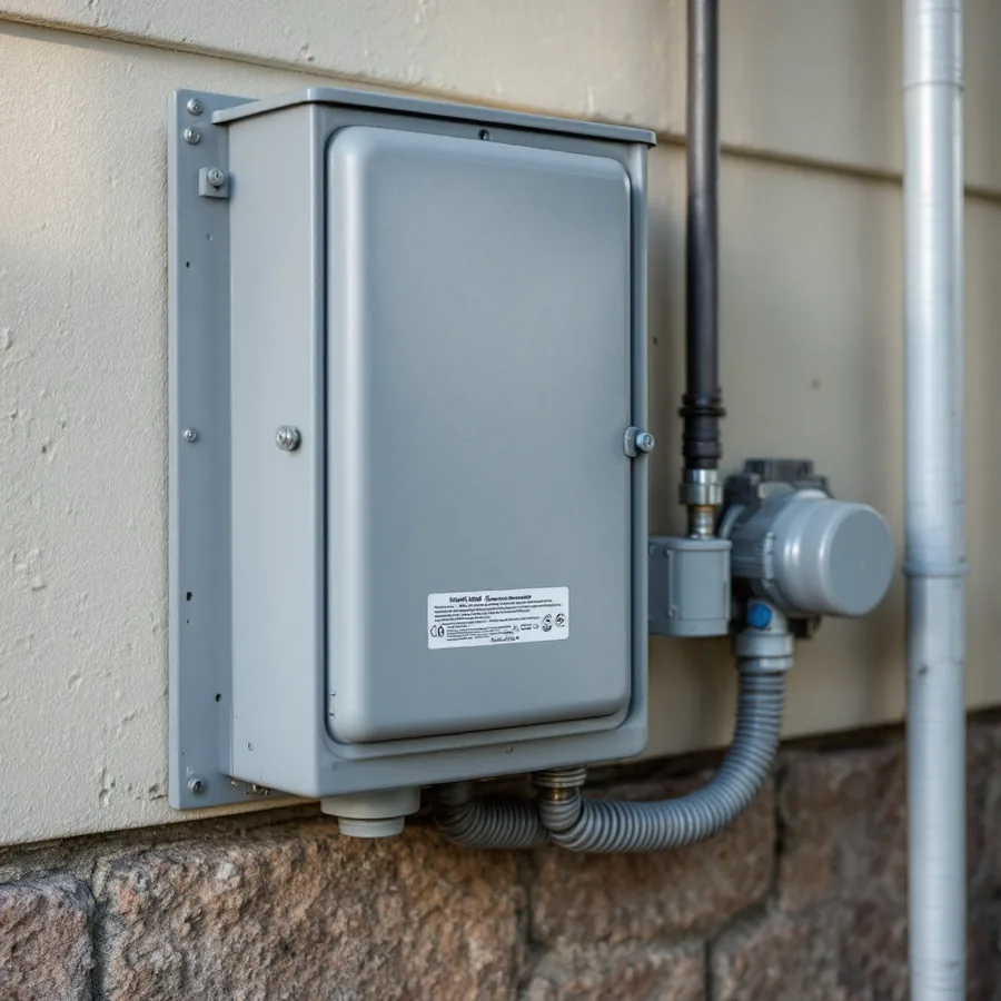 Gray weatherproof electrical disconnect box mounted on an exterior house wall beside insulated refrigerant lines and conduit