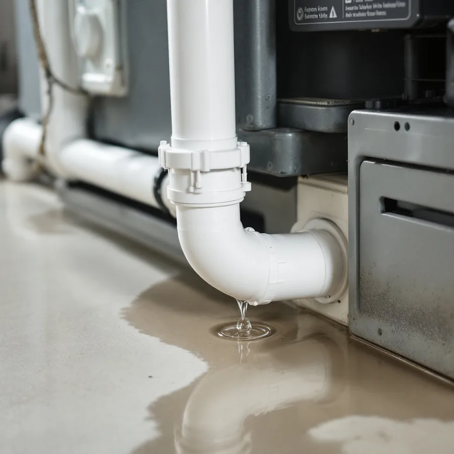 White PVC condensate drain line and trap beside an indoor air handler with water dripping onto the floor and pooling