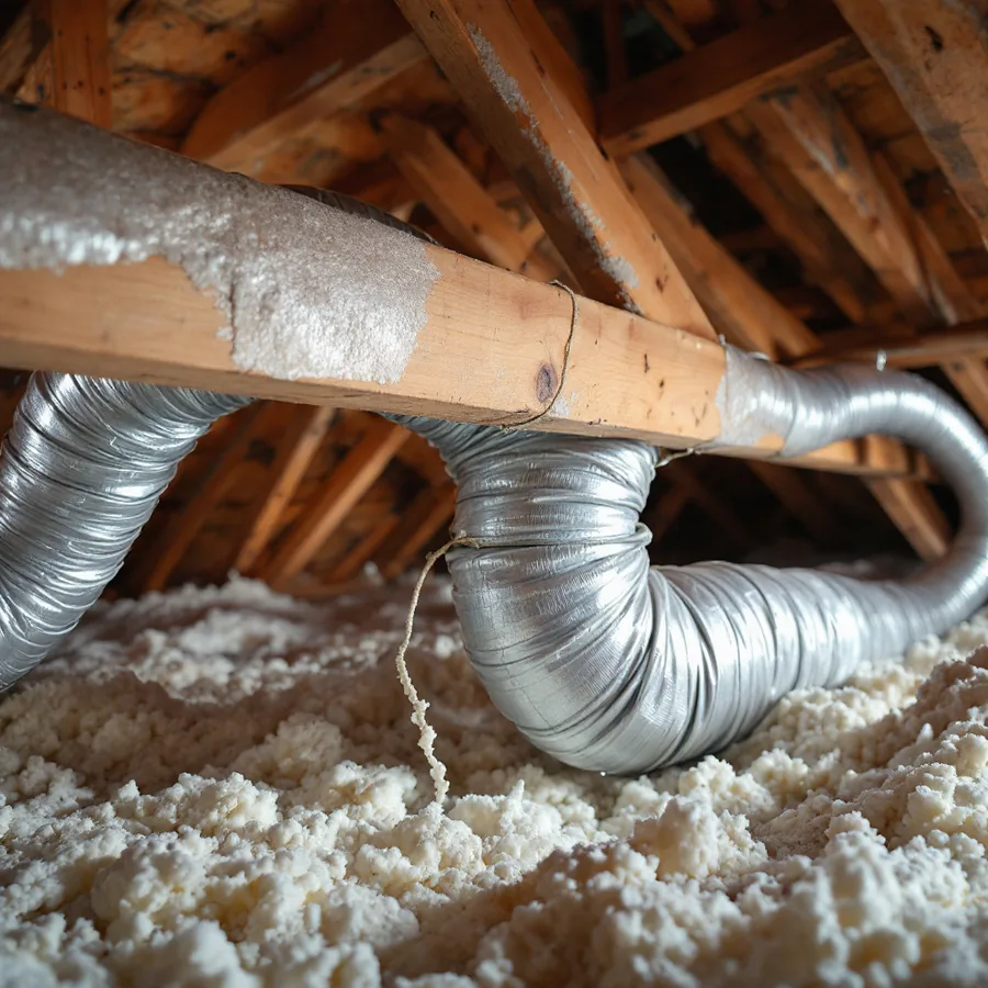 Flexible insulated ductwork in an attic, one run pinched and crushed where it passes beneath a wooden joist, loose insulation across the floor