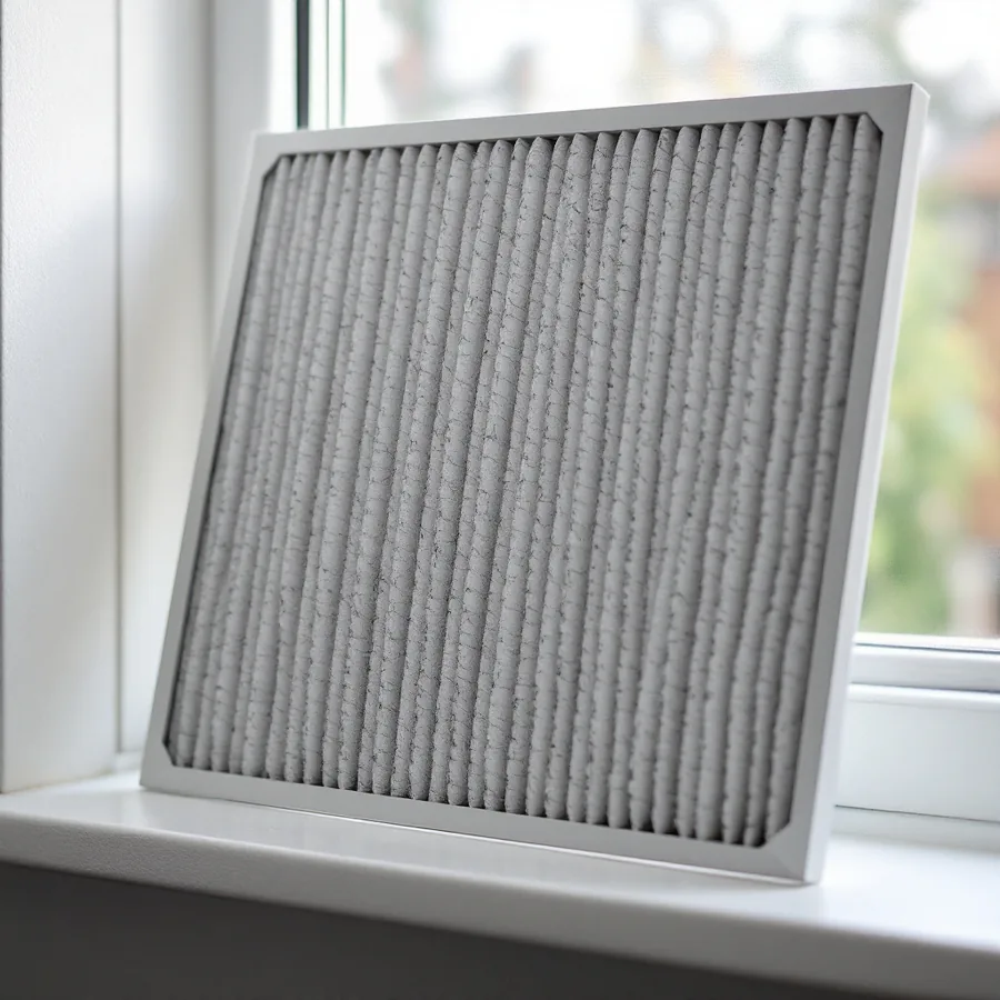 Pleated air filter propped against a window frame, its pleats packed gray with dust so almost no light passes through