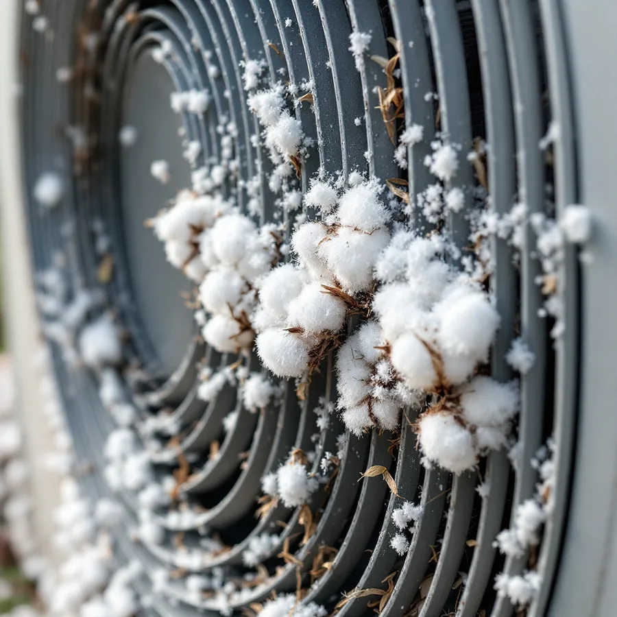 Outdoor condenser grille and fin coil thickly matted with white cottonwood fluff, grass fragments and dust