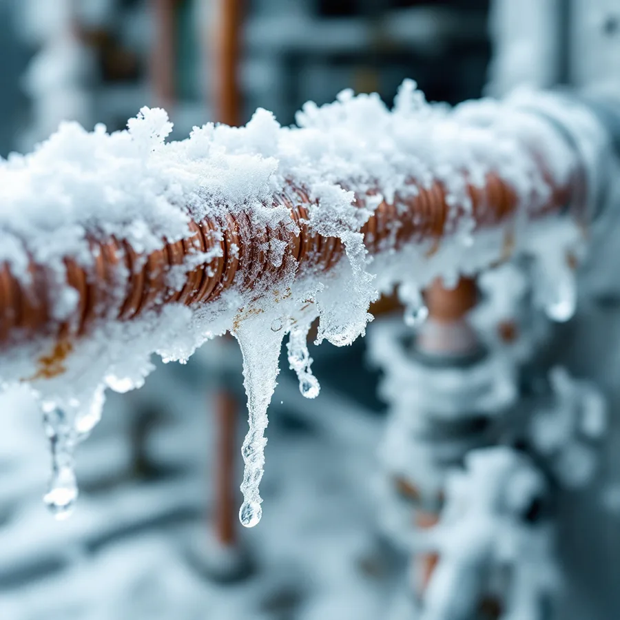 Copper refrigerant line and adjacent coil covered in a thick layer of white frost with meltwater beginning to drip from it