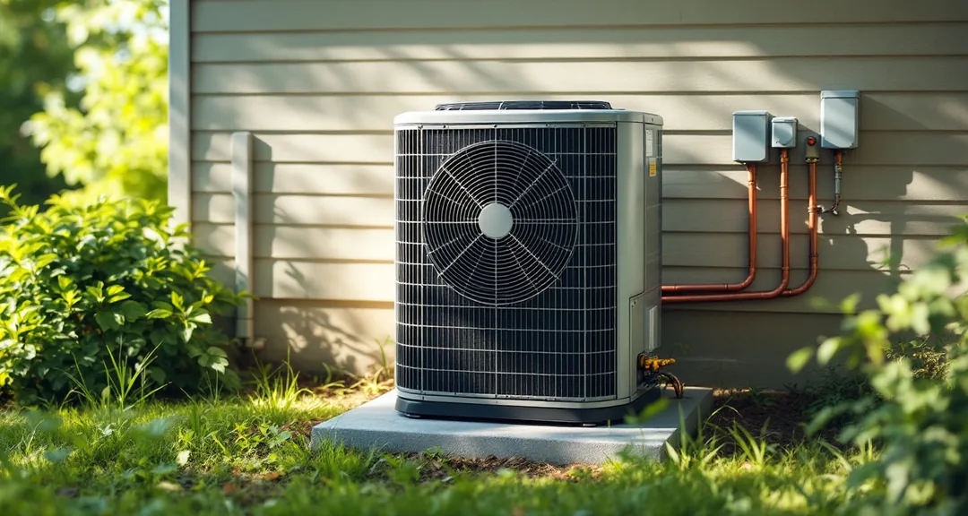 Residential outdoor air conditioning condenser on a concrete pad beside a house,
              copper refrigerant lines entering the wall and electrical boxes above them