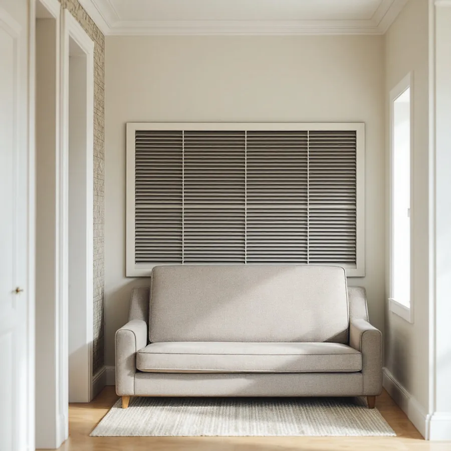 Large wall-mounted return air grille in a hallway with the back of a sofa pushed against it, blocking most of the opening