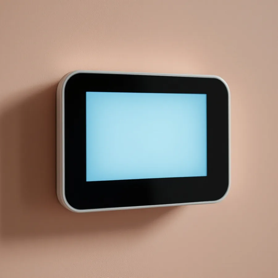 Plain wall-mounted thermostat with a blank illuminated display on a painted interior wall