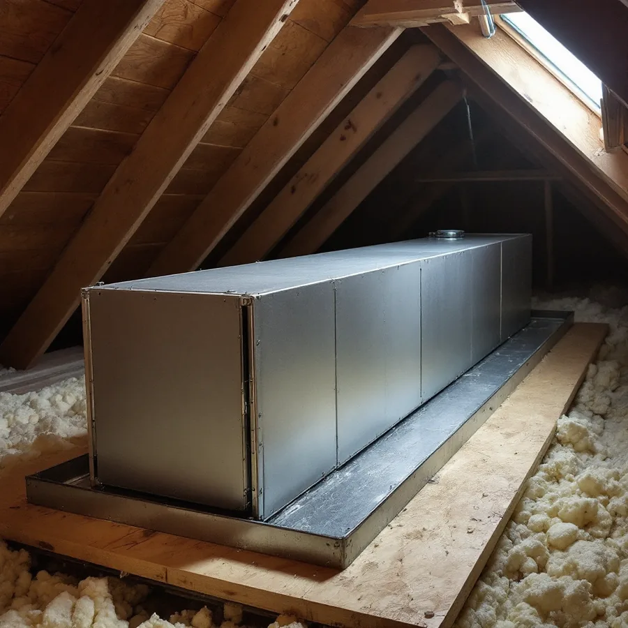 Horizontal sheet metal air handler cabinet lying on a plywood platform in an attic between rafters with a shallow secondary drain pan beneath it