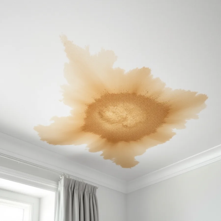 Brown water stain spreading across a white painted ceiling in a bedroom with the paint bubbling at its centre