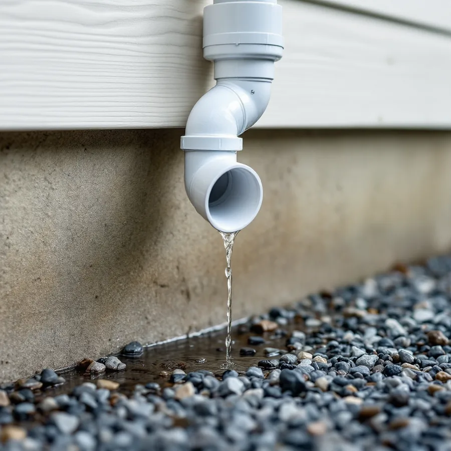 White PVC condensate drain pipe emerging from the exterior wall of a house near the ground with water dripping from its end onto gravel