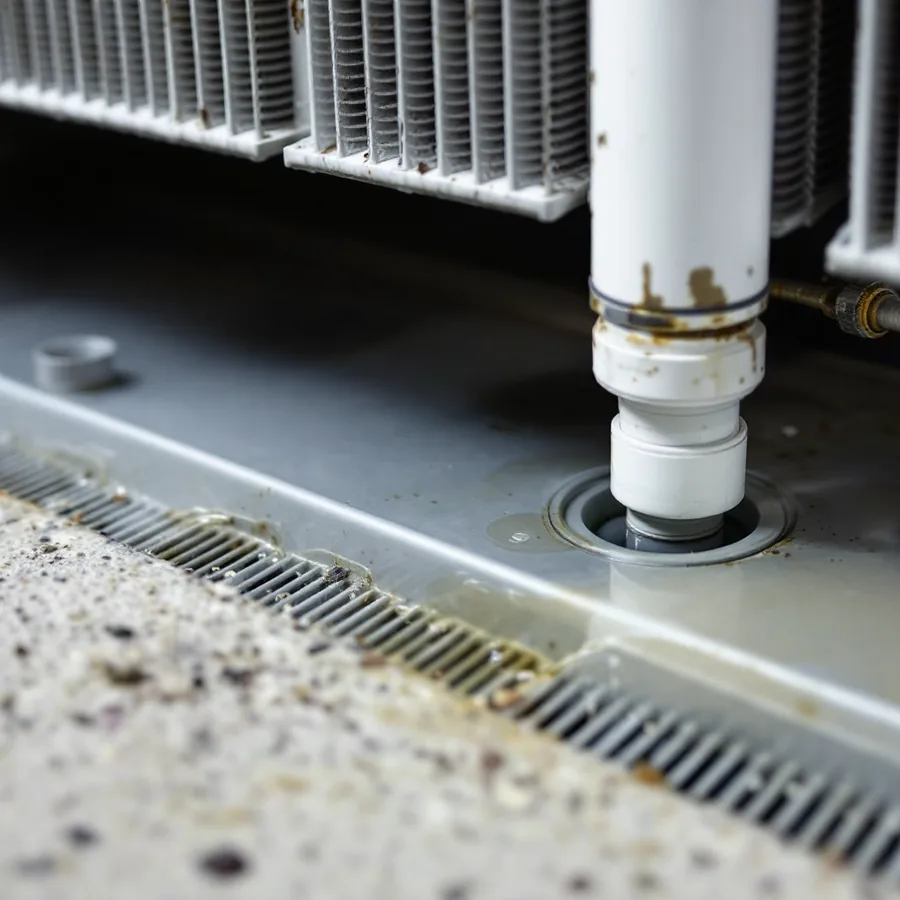 Shallow condensate drain pan beneath an evaporator coil with a little clear water pooled in it and a PVC drain fitting at one end