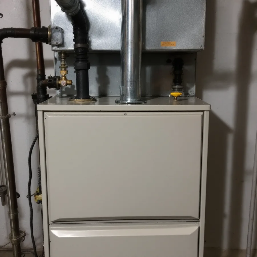 Residential gas furnace in a basement with a separate sheet metal coil cabinet mounted on top, a gas pipe with a yellow valve entering it and a round metal flue pipe leaving it