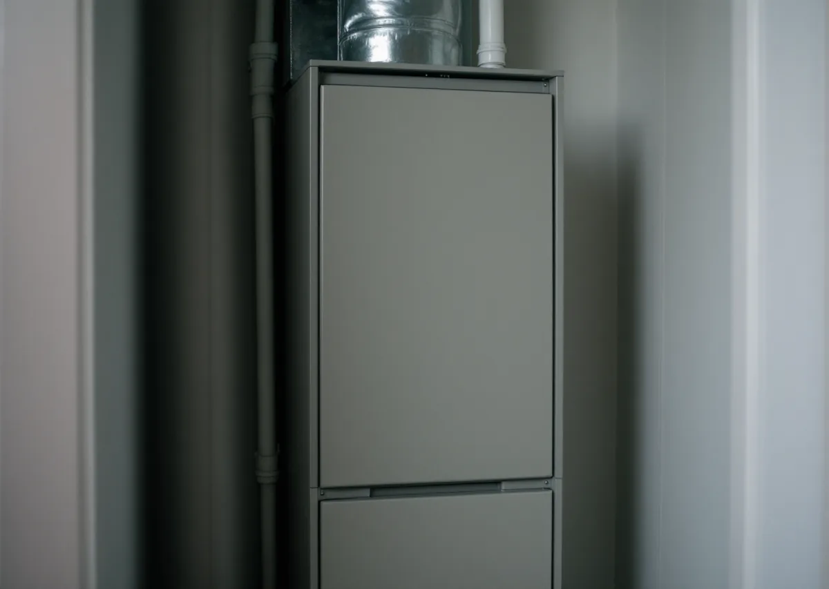 Plain sheet metal indoor air handler cabinet standing upright in a utility
              closet with a rectangular supply duct rising from its top and a white PVC
              drain line leaving its side