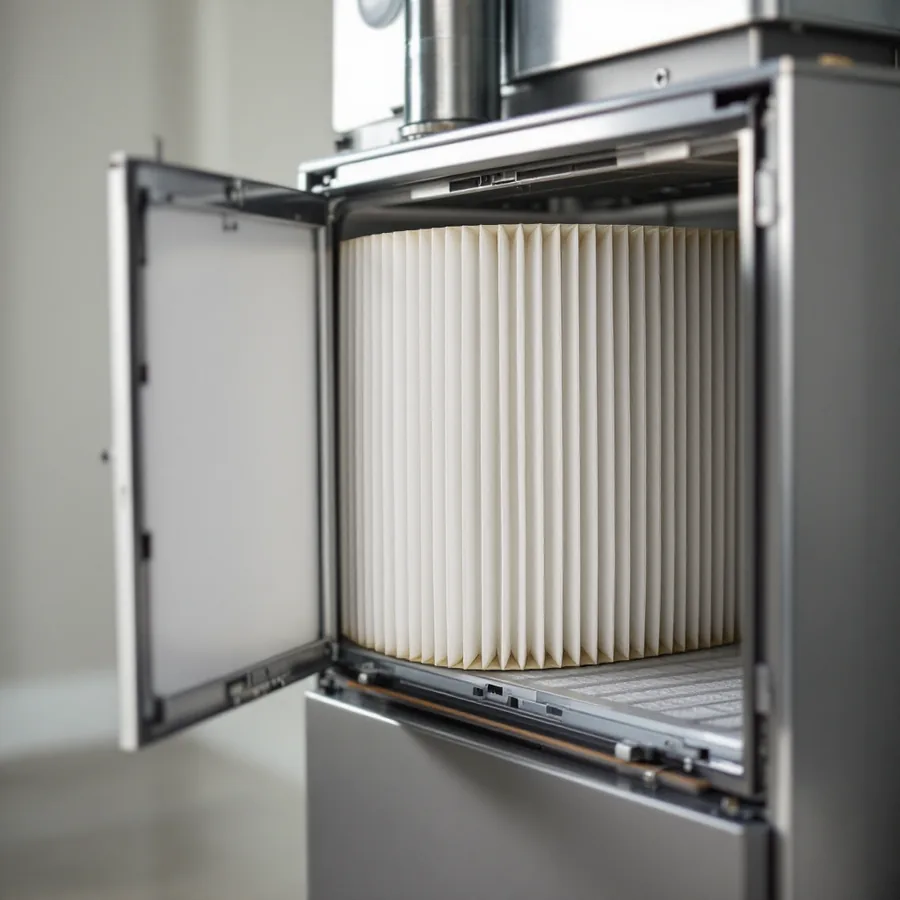 Thick pleated media air filter inside an open filter cabinet on the side of a sheet metal indoor unit
