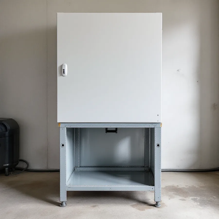 Plain sheet metal cabinet standing on a short open metal frame stand with the space beneath it visible