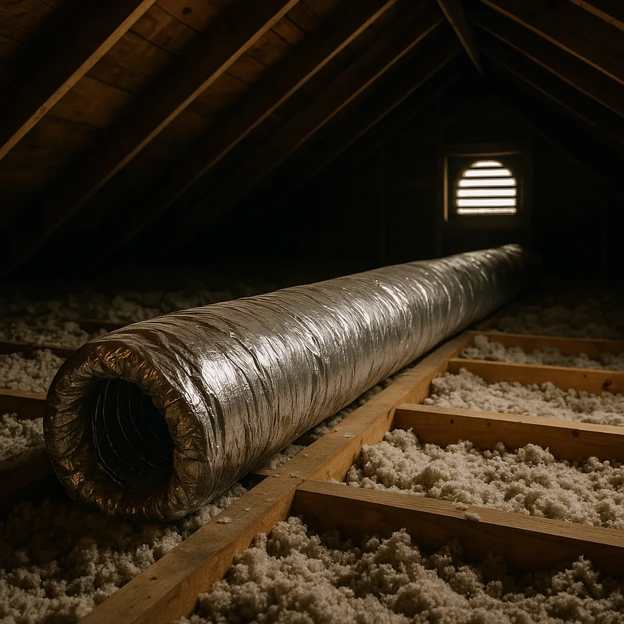 Insulated round flexible duct running across attic joists over blown insulation, lit dimly through a gable vent
