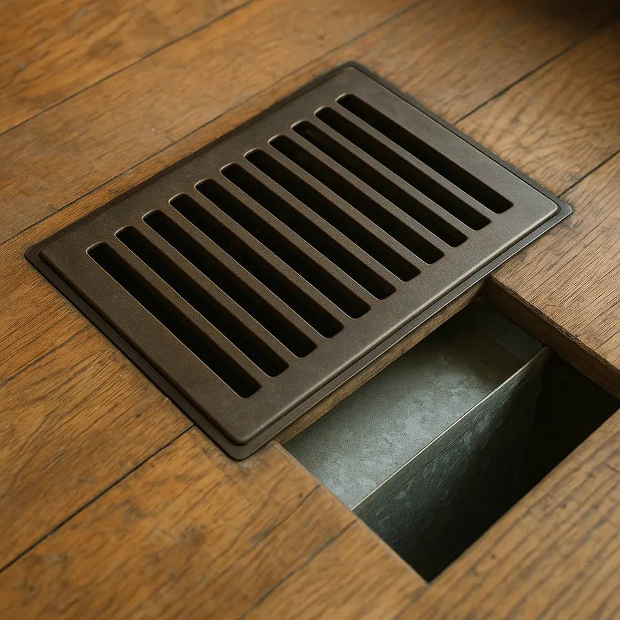 Floor register grille lifted from a wooden floor showing the sheet metal boot in the opening beneath it