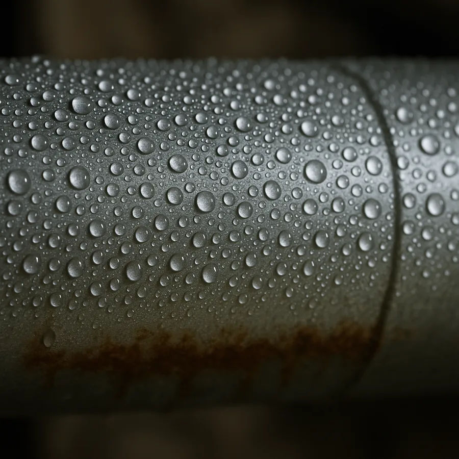 Water droplets condensing on the bare cold metal surface of a duct in a humid basement with rust staining below