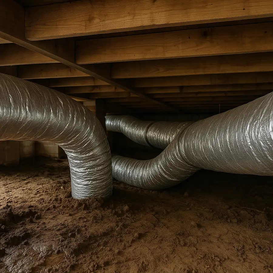 Insulated flexible ducts lying on the dirt floor of a crawlspace beneath wooden floor joists