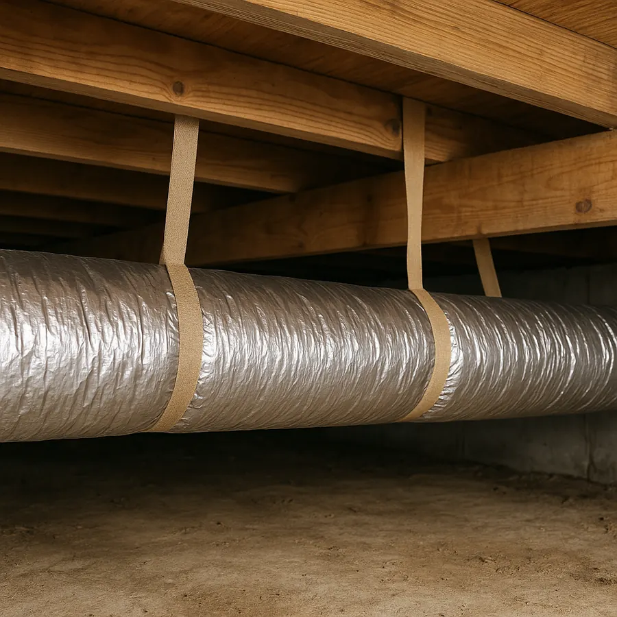 Silver insulated flexible duct pulled straight and tight, supported by wide fabric straps under floor joists
