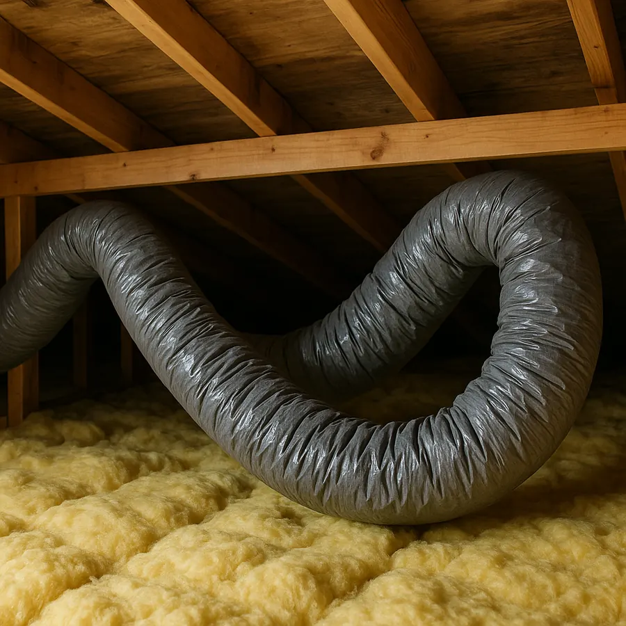 Grey insulated flexible duct sagging in loose loops between attic ceiling joists above yellow insulation