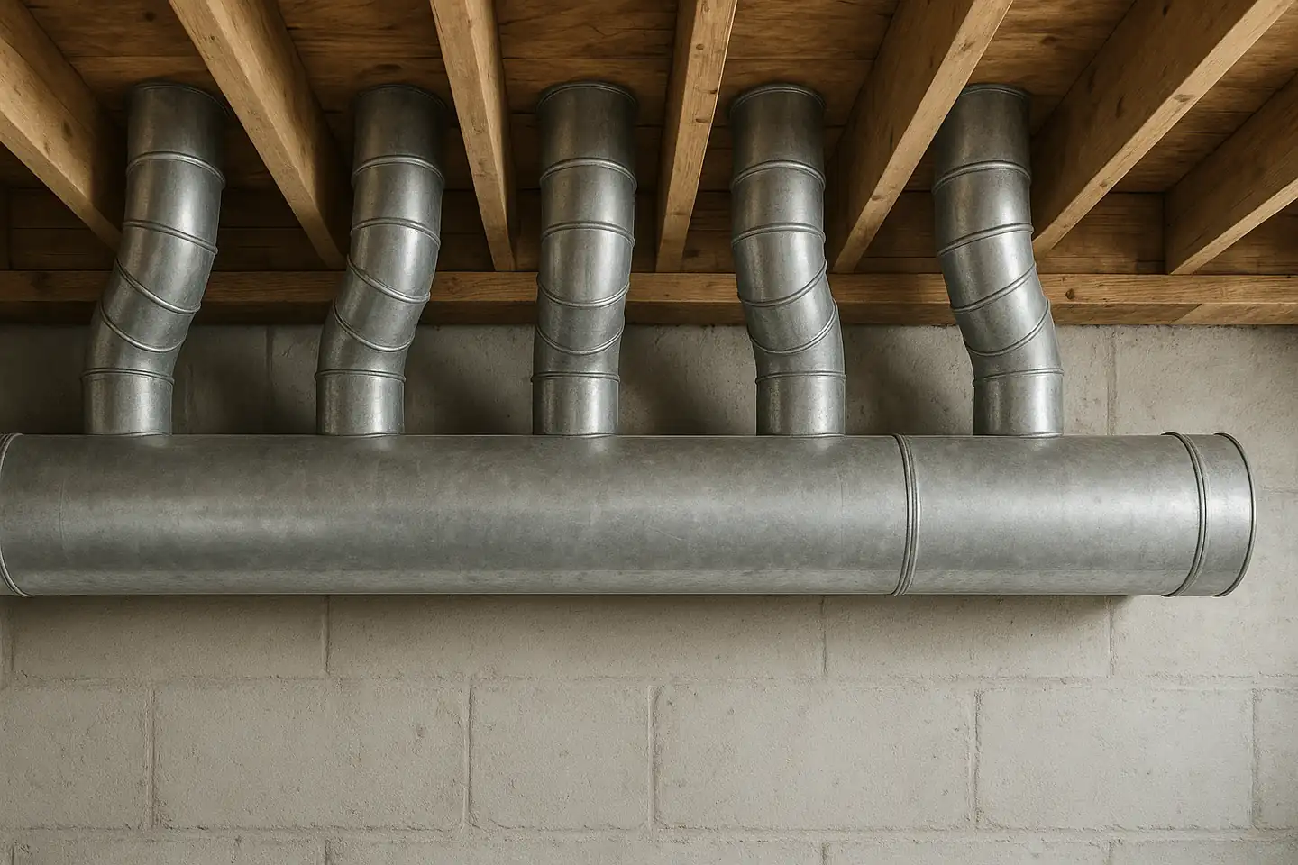 Round galvanized duct trunk running along a basement wall under wooden floor
              joists, with short round branch ducts rising from it into the floor above