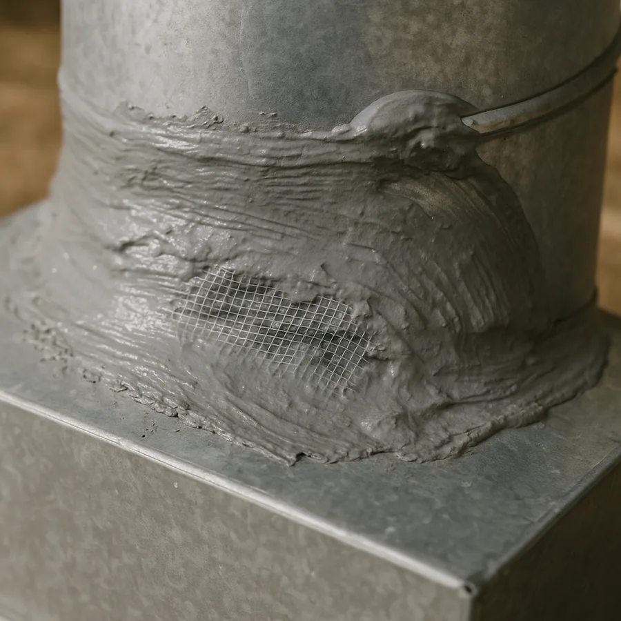Close-up of thick grey duct mastic brushed over the joint between a round duct and a rectangular trunk with reinforcing mesh embedded in it