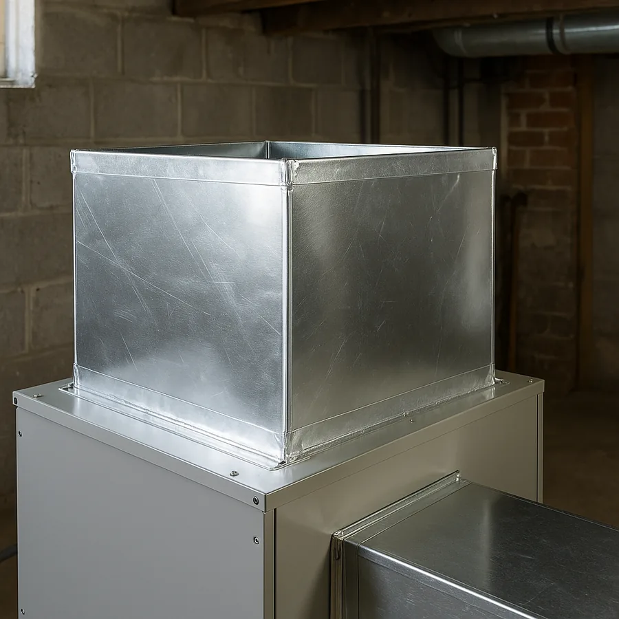 Newly fabricated bright sheet metal supply plenum sitting on top of an indoor air handler in a basement