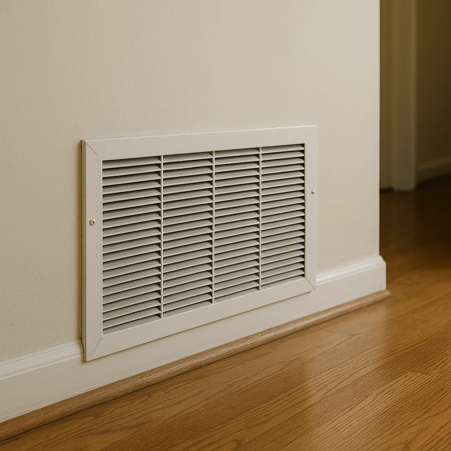 Large white return air grille set into a hallway wall just above the baseboard