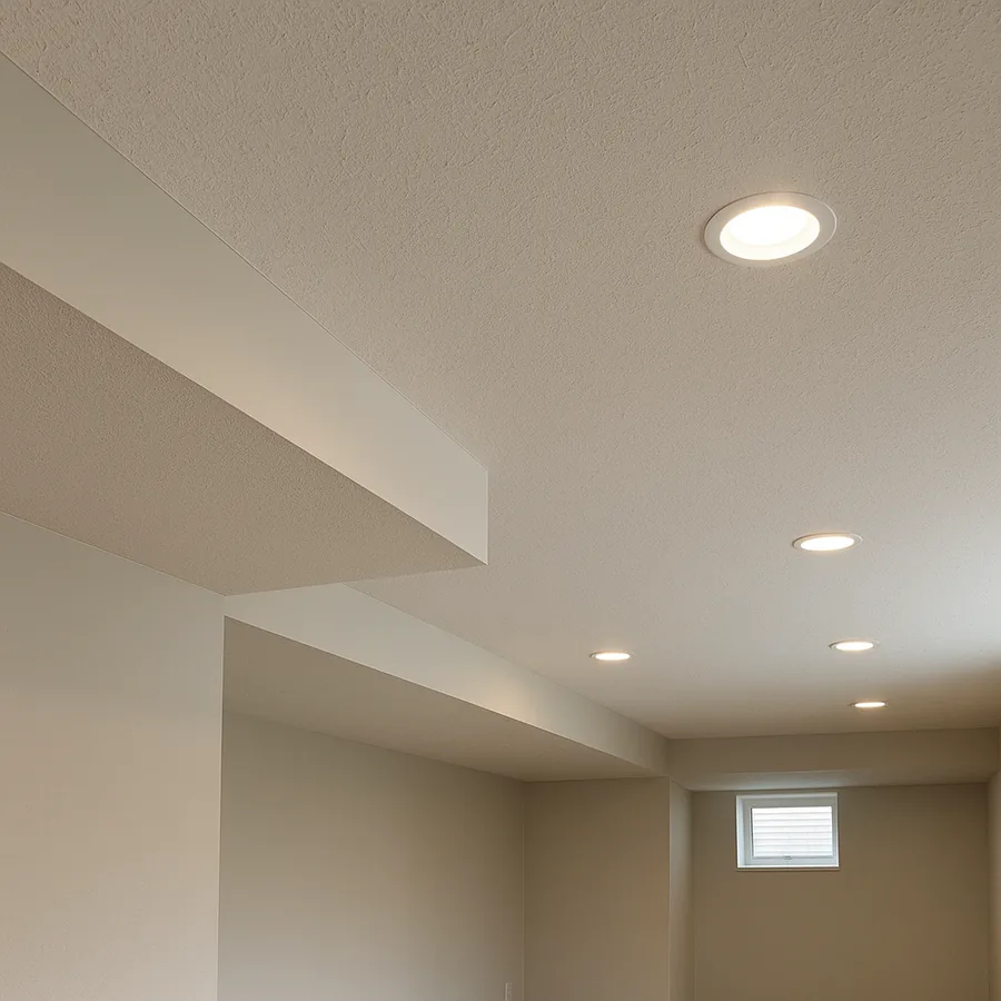 Finished basement ceiling with a drywall soffit boxing in a duct run along one side, recessed lights in the ceiling