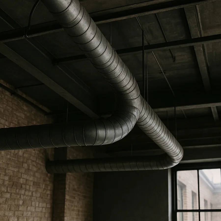Dark painted round spiral seam metal ductwork running exposed below a high ceiling in a converted loft
