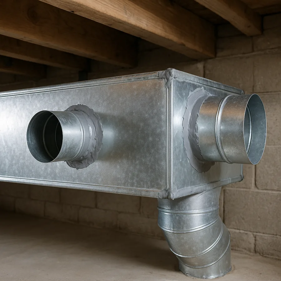Rectangular galvanized duct trunk with round takeoff collars sealed with thick grey mastic