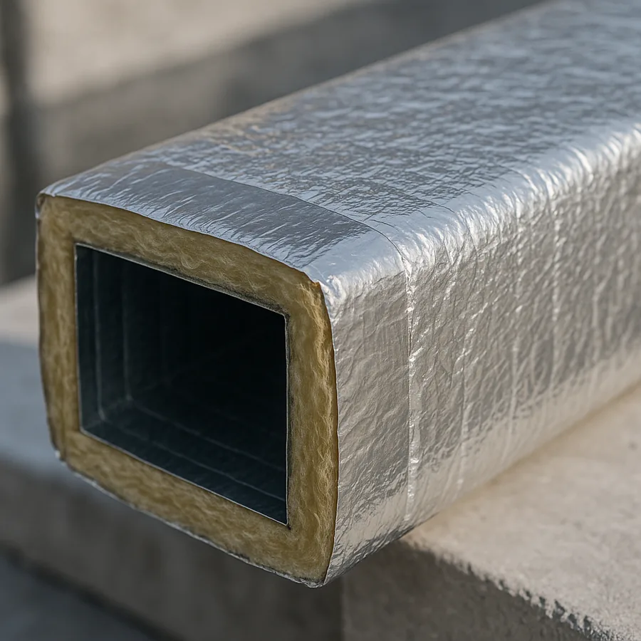 Rectangular metal duct wrapped in insulation with a shiny silver foil outer facing, the seam closed with foil tape