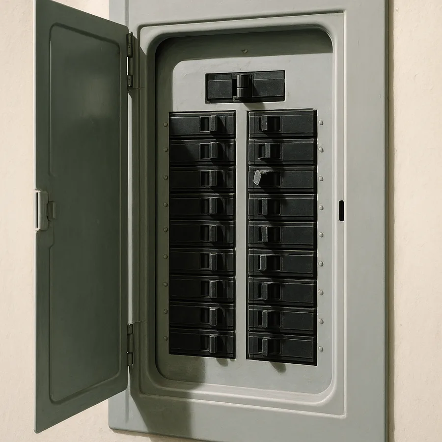 Open residential electrical breaker panel with rows of black breakers and one sitting halfway between on and off