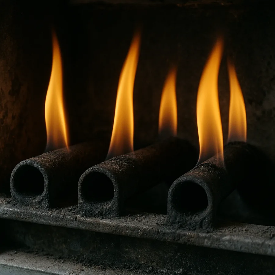 Gas burner flames inside a furnace burning lazy and yellow-orange instead of blue over sooty dark burner tubes