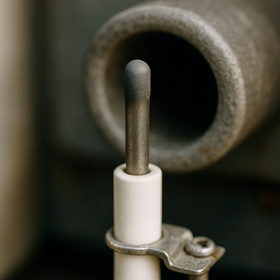 Macro photograph of a thin metal flame sensor rod at the end of a furnace burner with its tip darkened by a dull grey coating