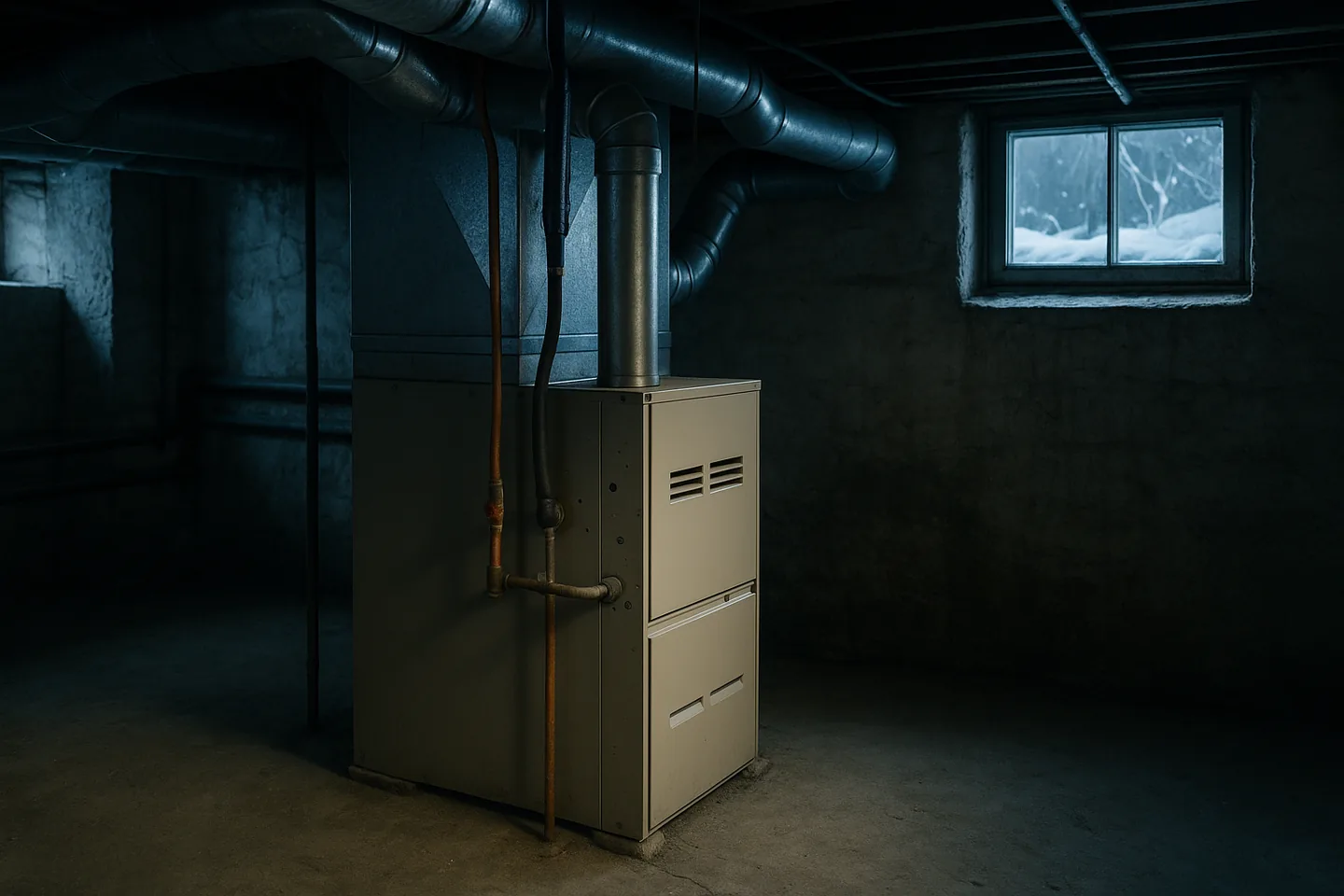 Gas furnace standing silent in a dim cold basement with sheet metal ducts
              overhead and snow visible through a small basement window