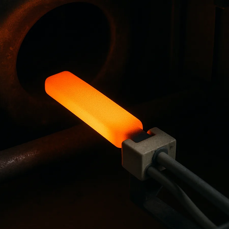 Ceramic hot surface igniter glowing bright orange inside the dark burner compartment of a gas furnace