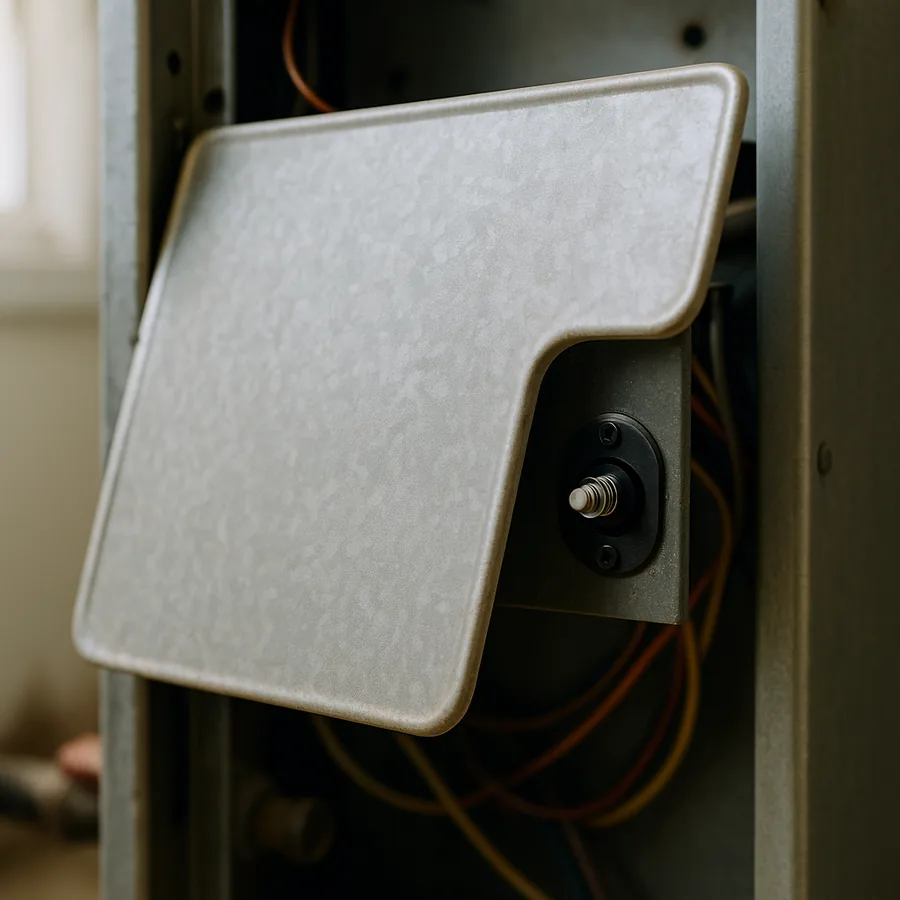 Front access panel of a furnace lifted away showing the small spring-loaded plunger safety switch on the cabinet frame behind it
