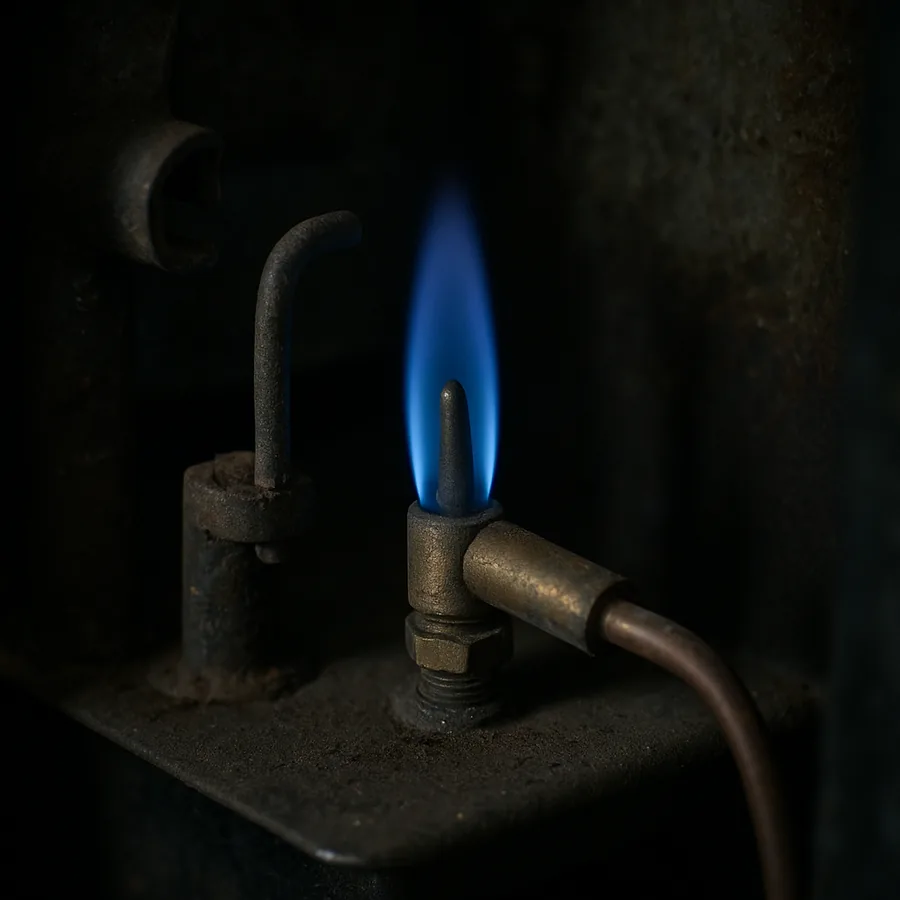 Small steady blue standing pilot flame in an older gas furnace with the thermocouple probe sitting in the flame