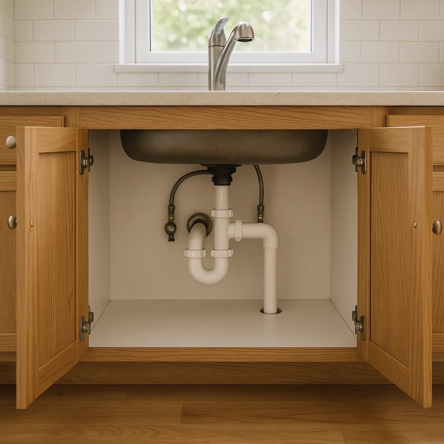 Kitchen sink base cabinet with both doors open showing the plumbing traps and supply pipes underneath