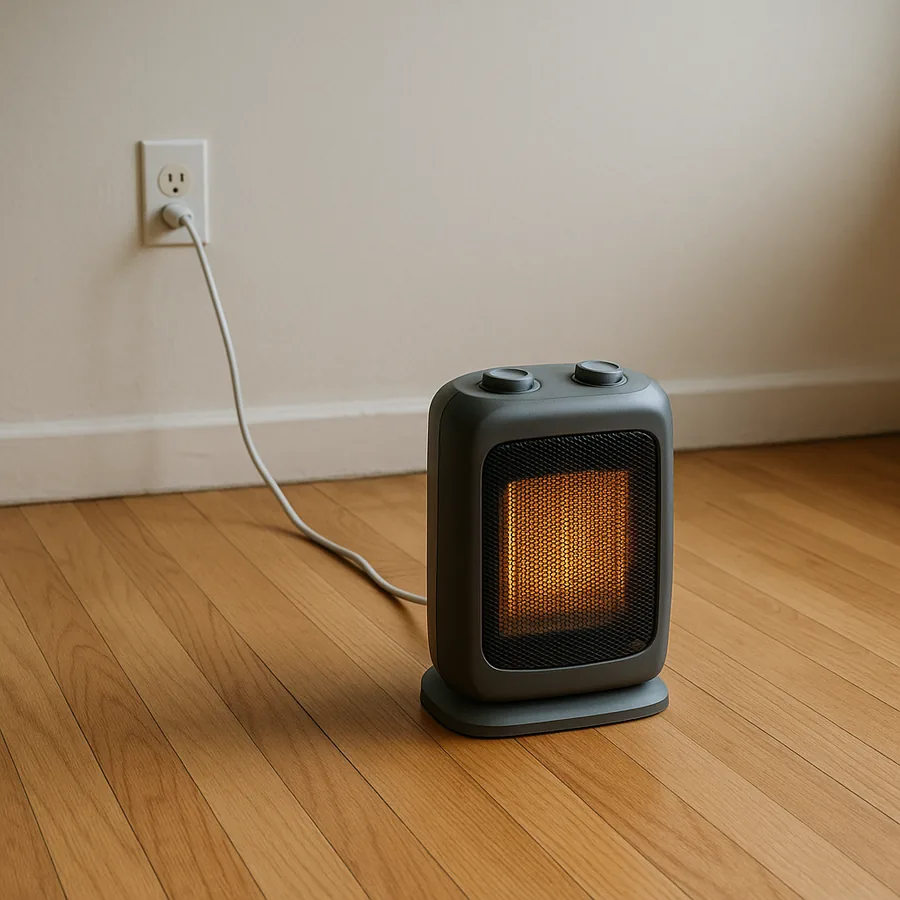 Portable electric space heater standing on a bare hardwood floor with wide empty space around it, plugged directly into a wall outlet