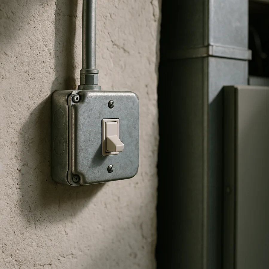 Plain switch in a metal box mounted on a basement wall beside a furnace cabinet with conduit running to it