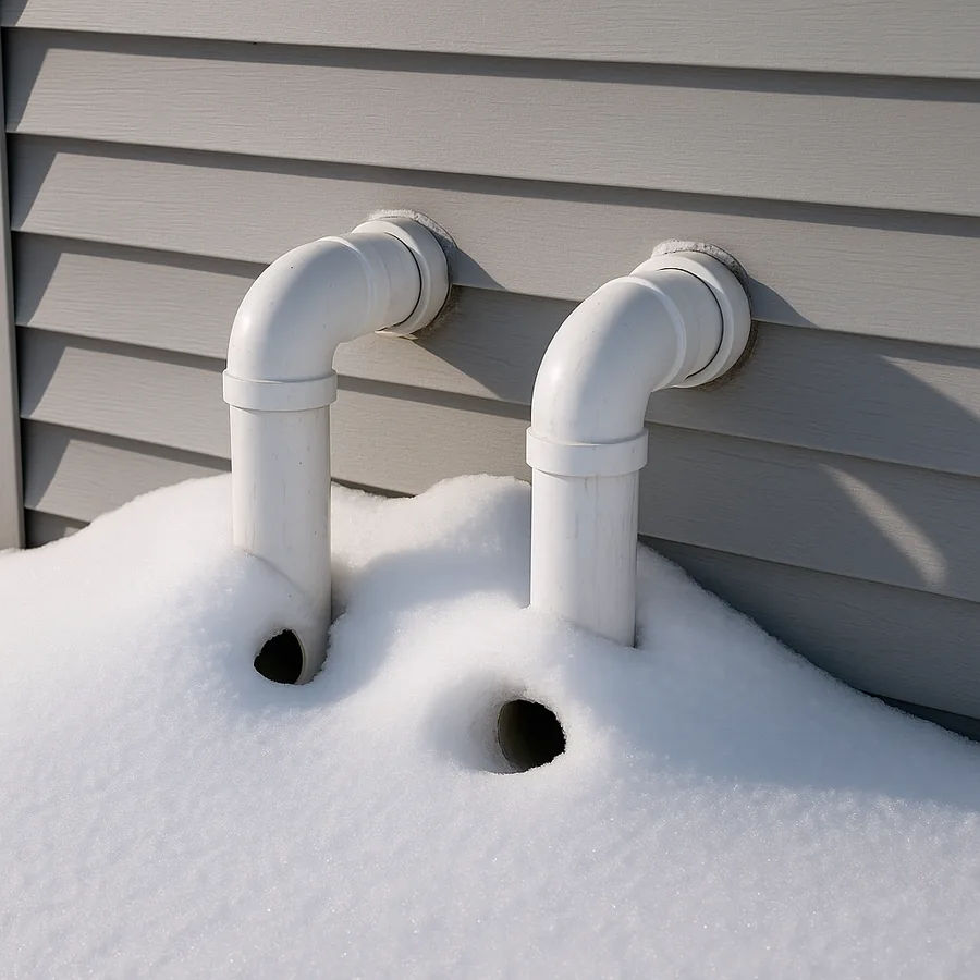 White PVC furnace vent pipes terminating through an exterior house wall with snow drifted up around and partly over the openings
