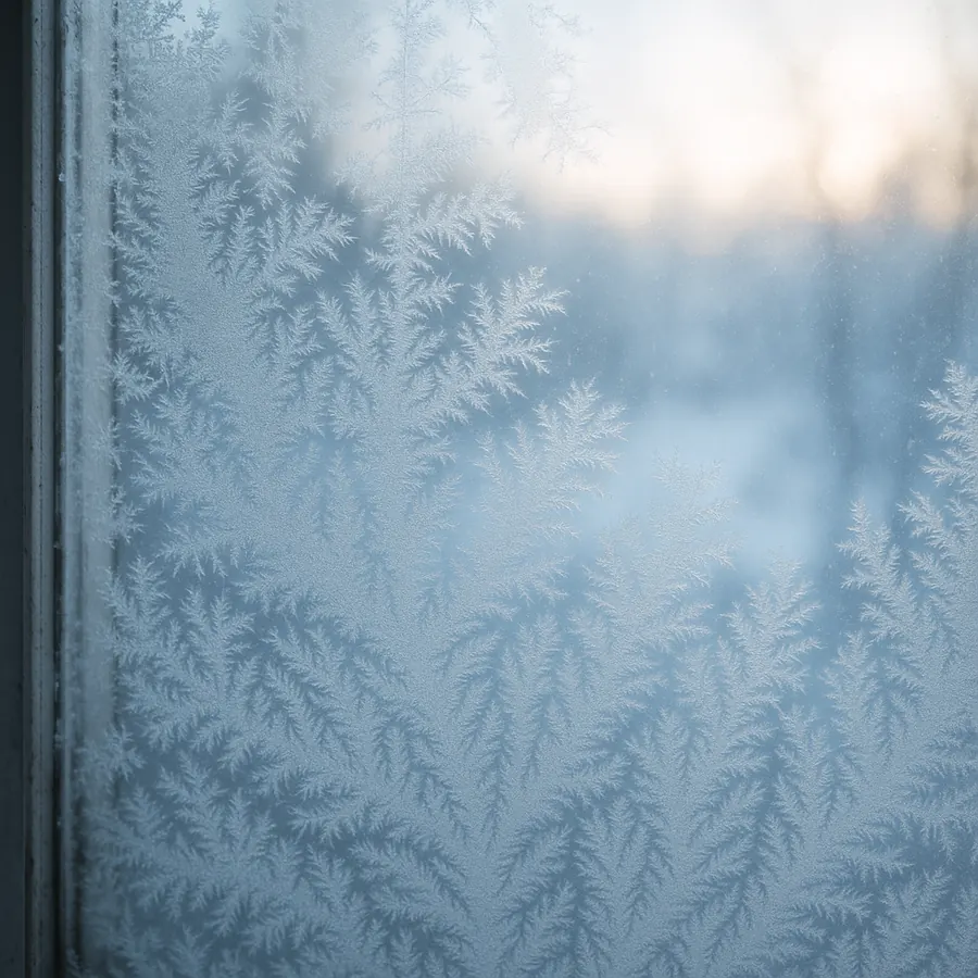 Thick frost crystals formed on the inside of a house window pane on a very cold morning