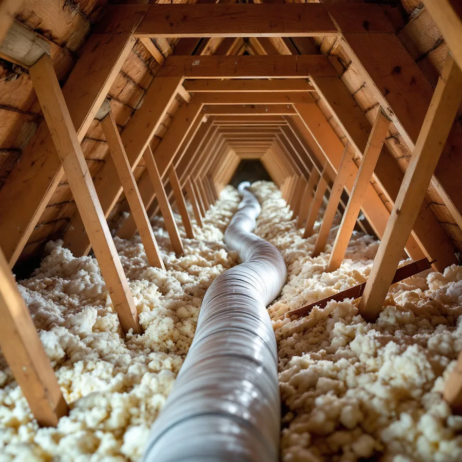 Residential attic with rafters, loose insulation and a run of insulated flexible duct disappearing into the distance