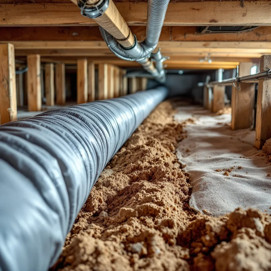 Crawl space beneath a house with insulated flexible ducts running between floor joists above bare earth and a vapor barrier