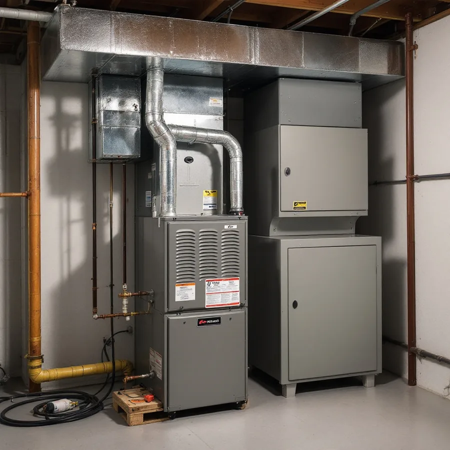 Gas furnace and adjacent indoor coil cabinet standing in a clean basement utility area with sheet metal plenum above