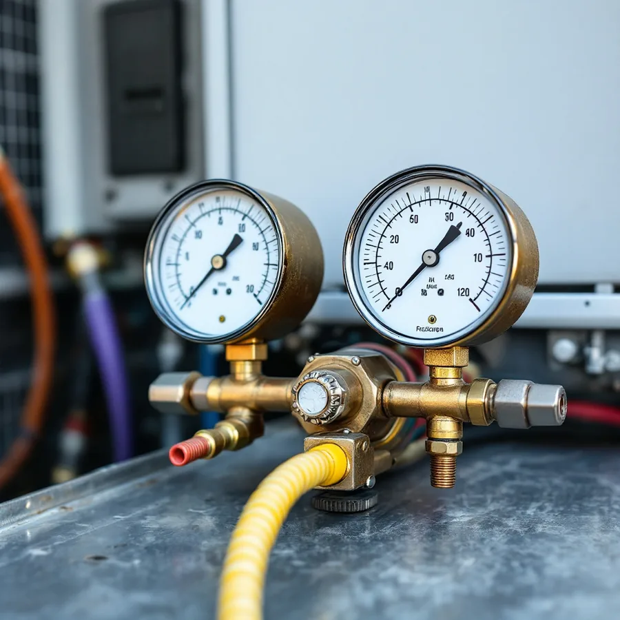 Refrigeration manifold gauge set with two round dials and colored hoses resting on a metal surface beside an outdoor unit