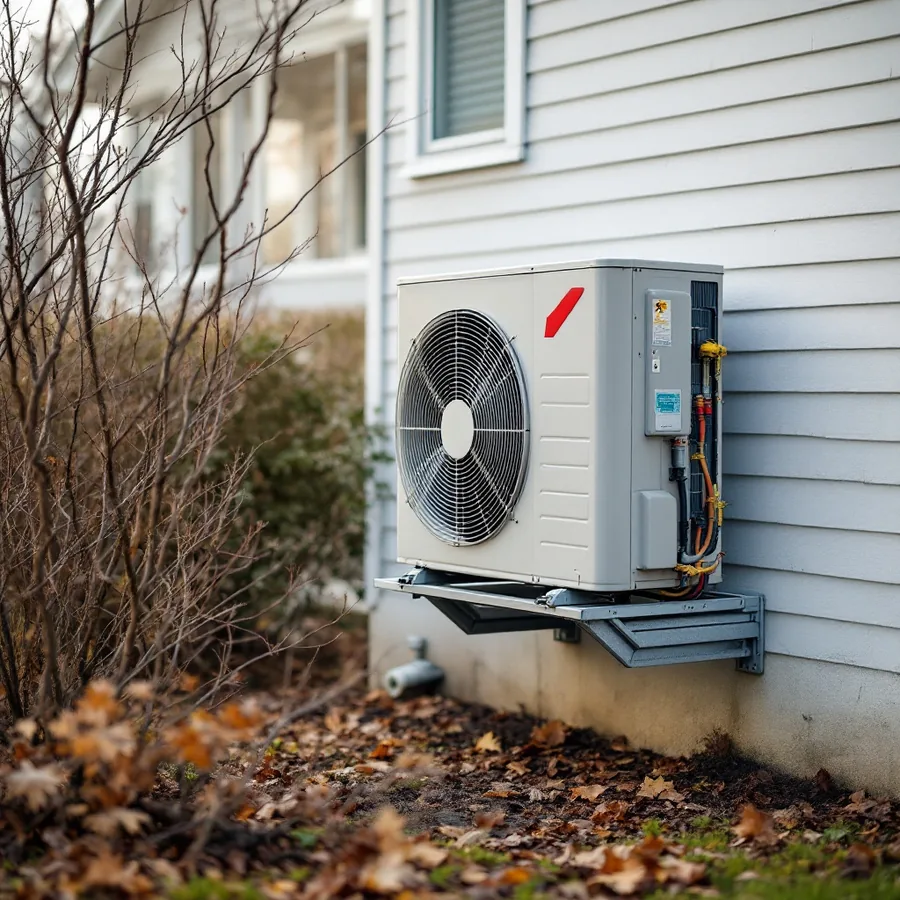Outdoor heat pump unit mounted on a raised bracket beside a house wall in late autumn with bare shrubs around it